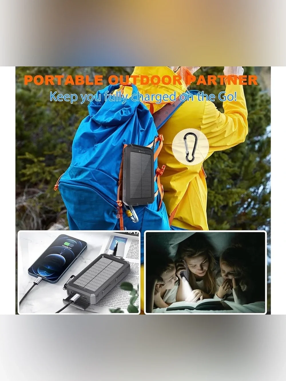 Portable Solar Power Bank with Compass - Black & Orange